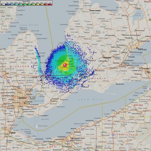 Map of showing repeater coverage area for VE3SRT.