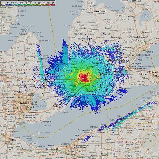 Map of showing repeater coverage area for VE3SUE.