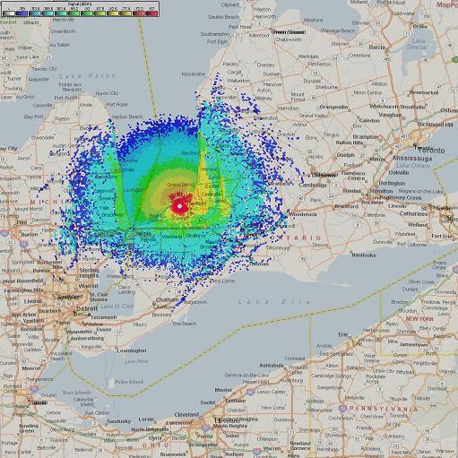 Map of showing repeater coverage area for VE3TCB.
