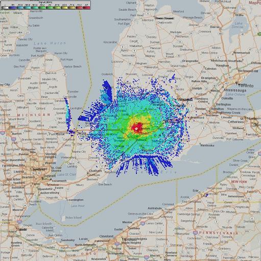 Map of showing repeater coverage area for VE3TTT UHF.