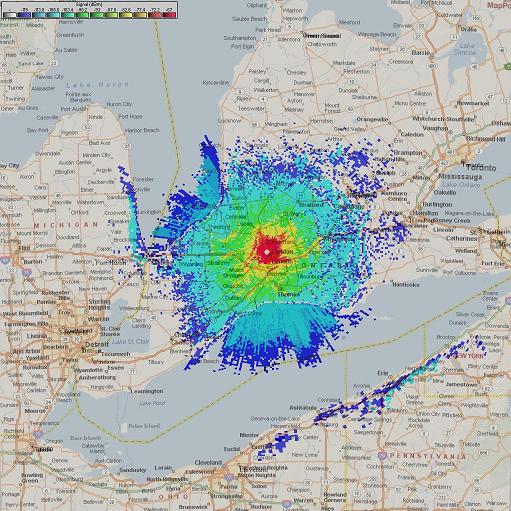 Map of showing repeater coverage area for VE3TTT VHF.